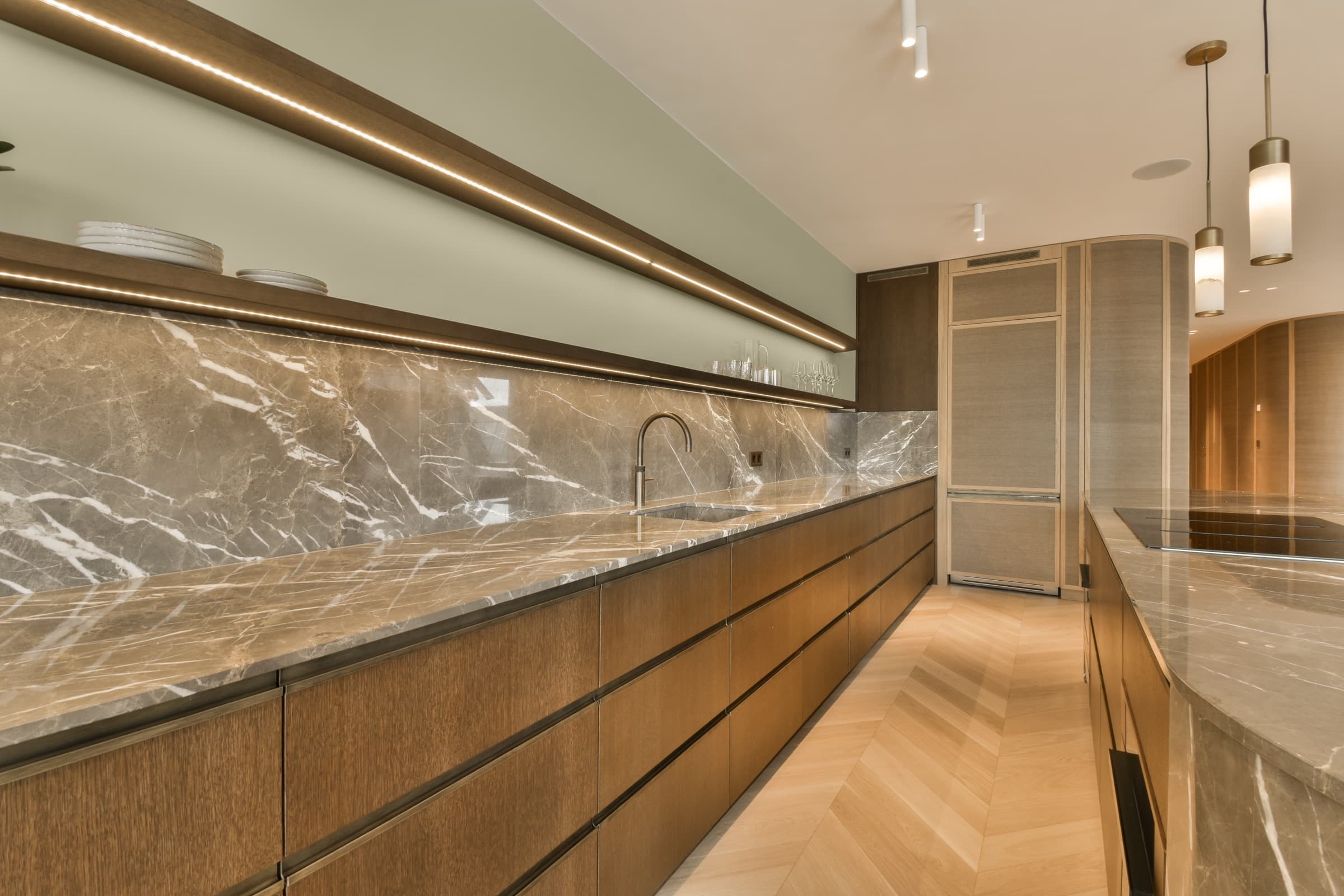 Marble with warm wood, modern farmhouse